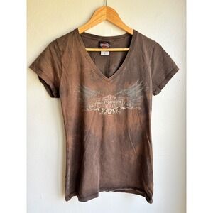 Harley-Davidson Womens Brown Acid Wash V-Neck Graphic T-Shirt Sauk Prairie L
